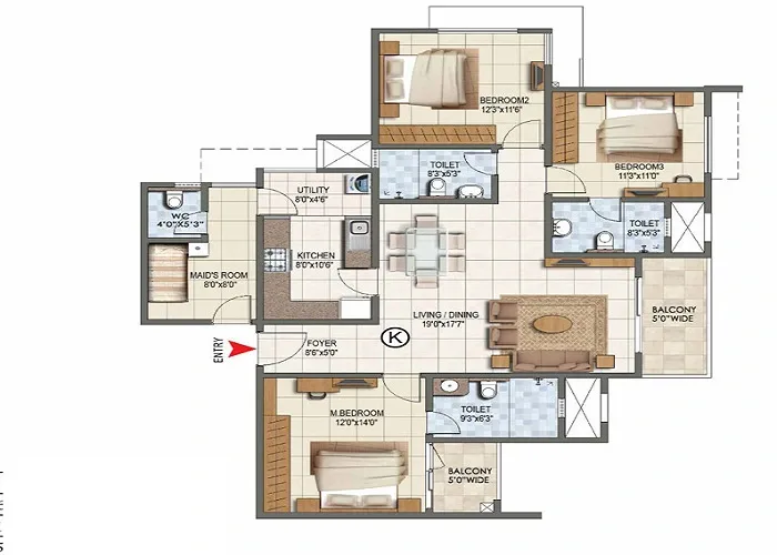 3 BHK Apartment floor plan at Sobha Kismatpur Hyderabad, from approx. 1,550 sq. ft.