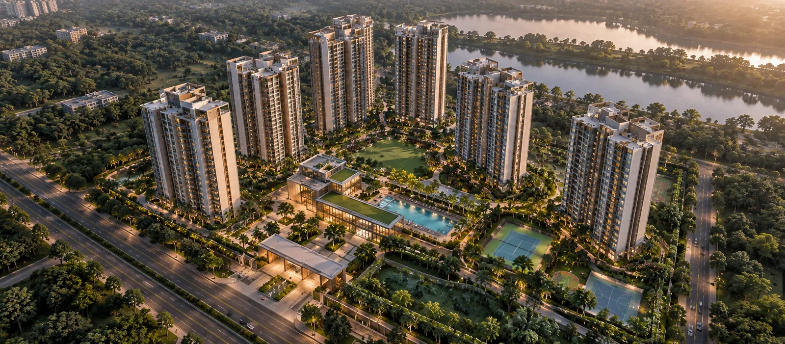 Representational aerial site layout of Sobha Kismatpur towers, clubhouse and landscaped open space