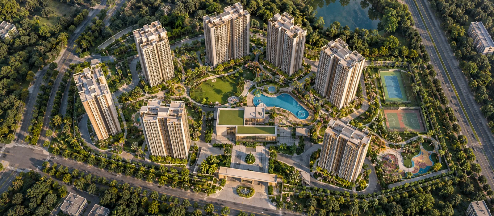 Grand clubhouse and landscaped plaza representing the G+5 clubhouse at Sobha Kismatpur