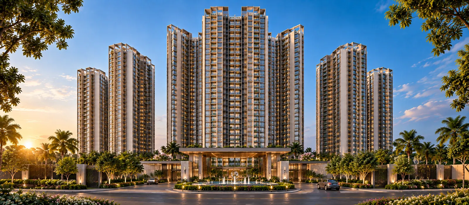 Illuminated twin high-rise towers of up to 56 floors at Sobha Kismatpur Hyderabad